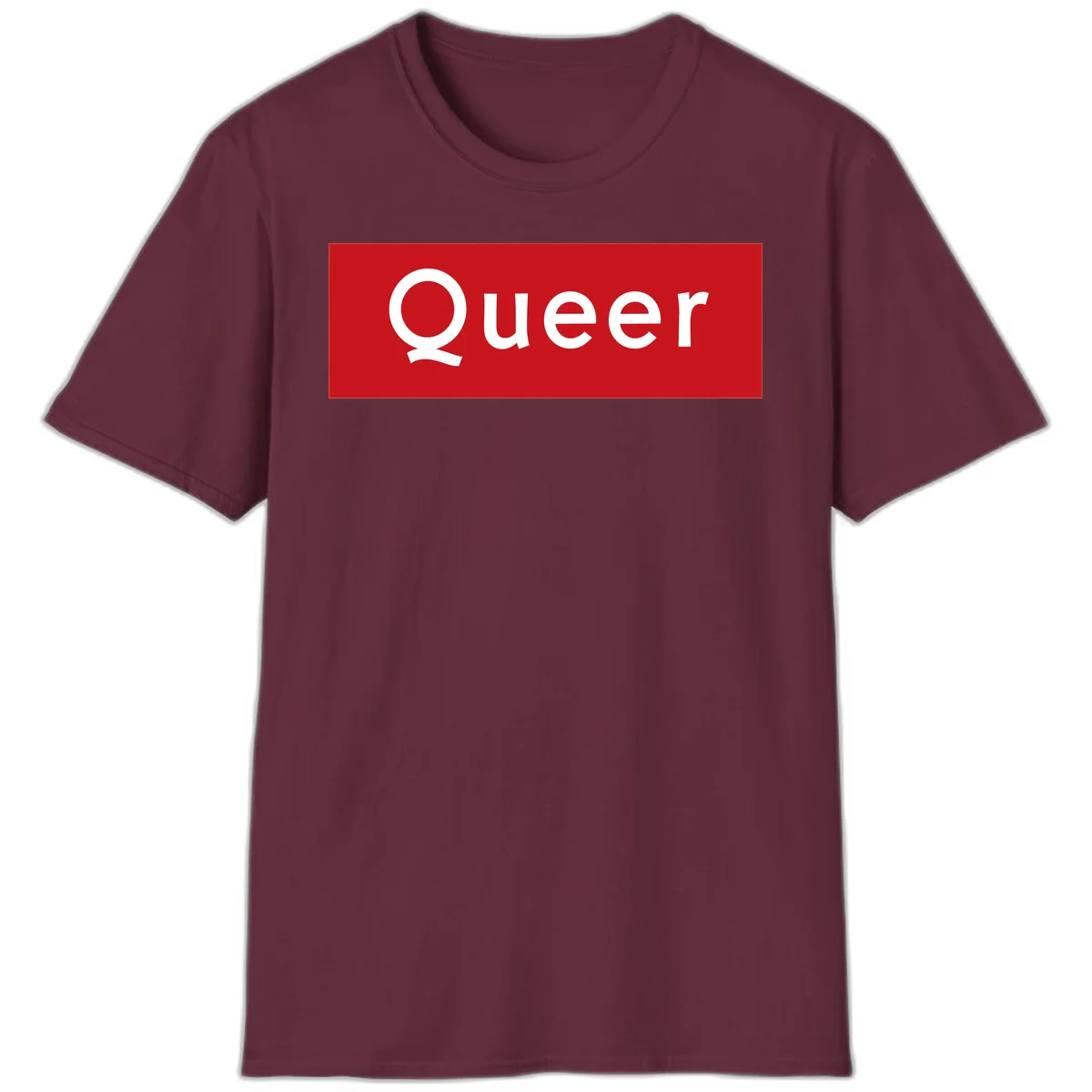 Bold white 'Queer' text on bright red background - a powerful queer pride statement design in Maroon