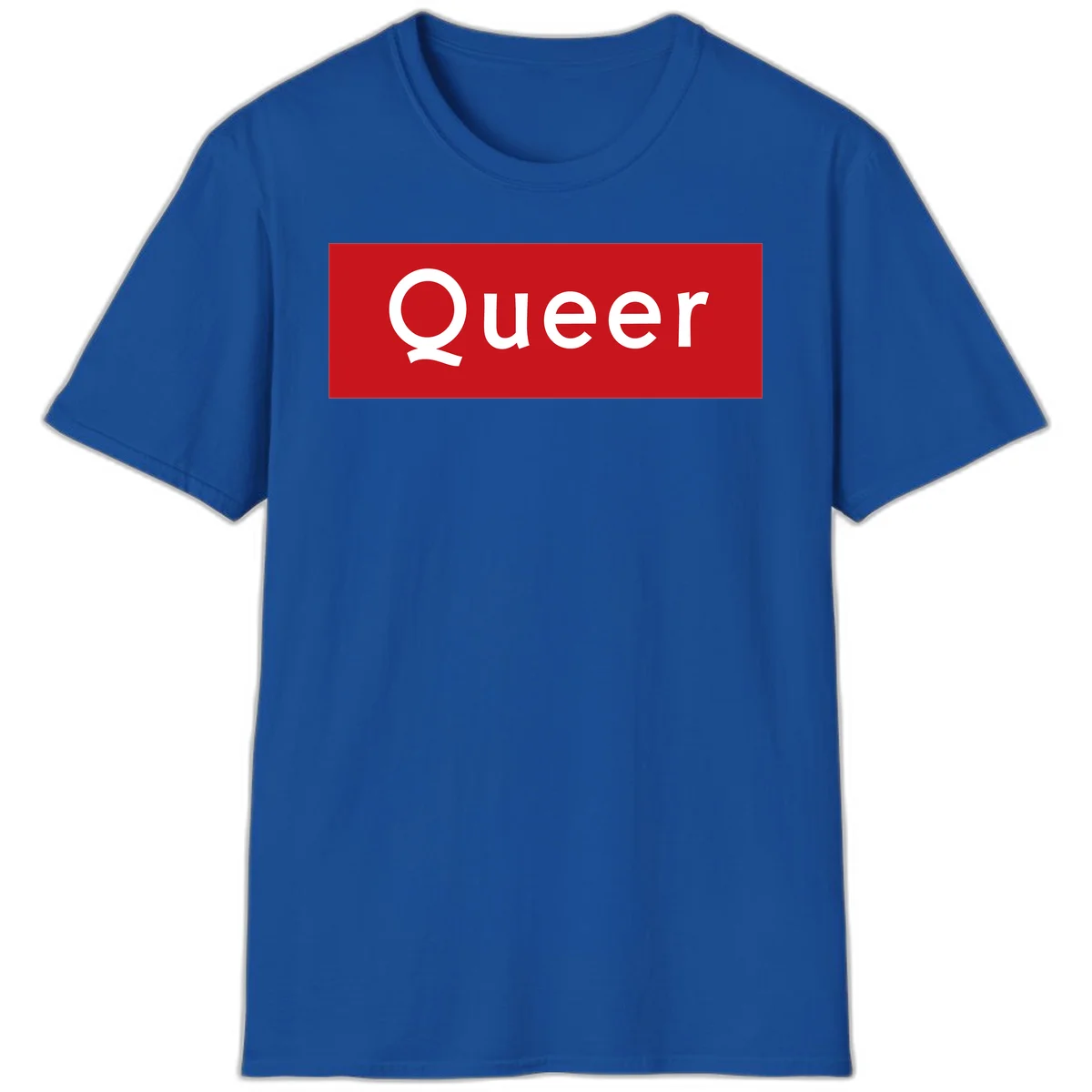 Bold white 'Queer' text on bright red background - a powerful queer pride statement design in Royal