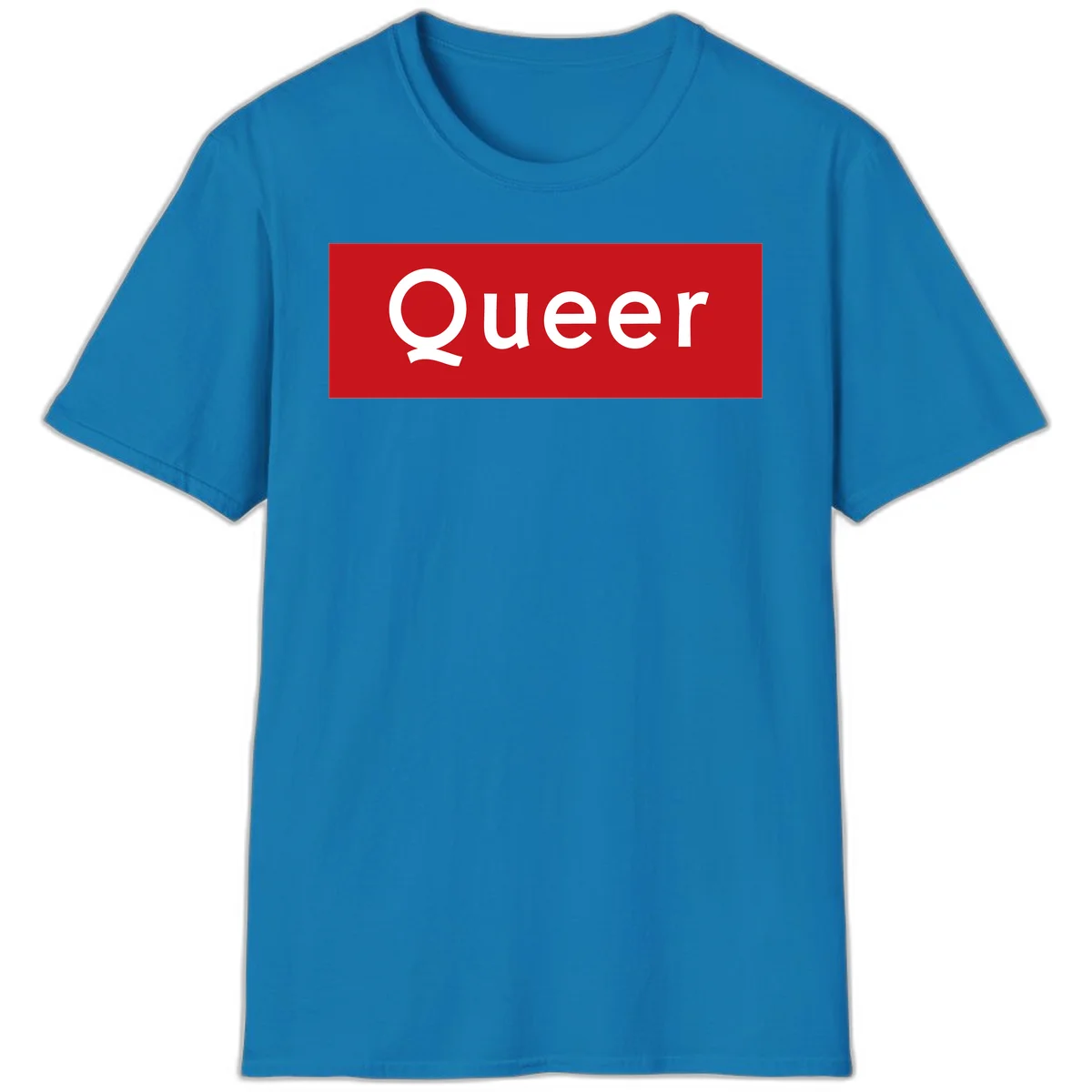 Bold white 'Queer' text on bright red background - a powerful queer pride statement design in Sapphire