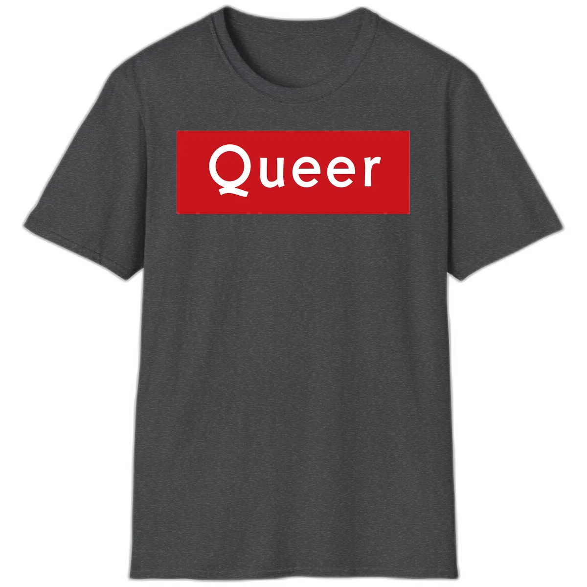 Bold white 'Queer' text on bright red background - a powerful queer pride statement design in Dark Heather