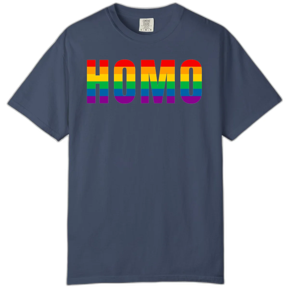 Love is love rainbow pride design with letters filled in rainbow flag stripes against gray background in Midnight