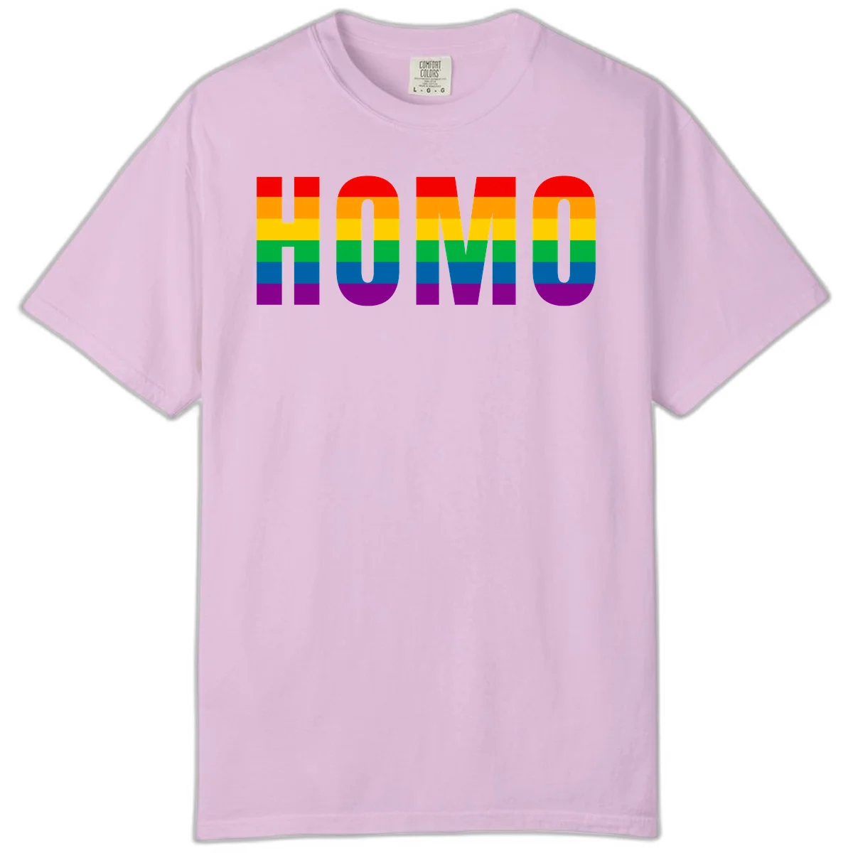 Love is love rainbow pride design with letters filled in rainbow flag stripes against gray background in Orchid