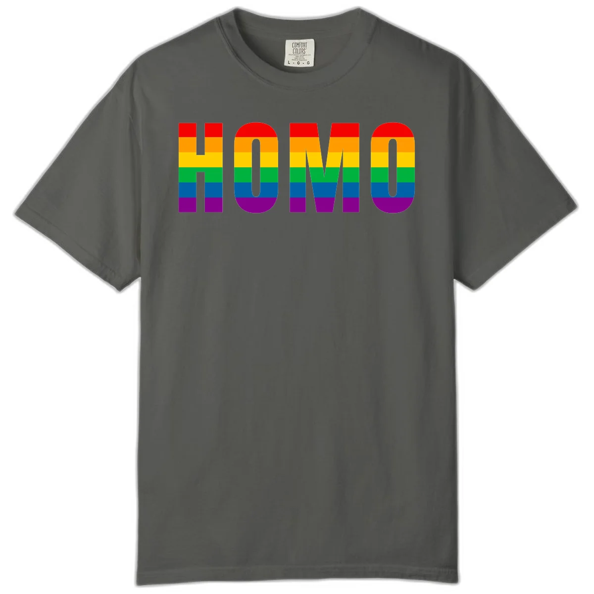 Love is love rainbow pride design with letters filled in rainbow flag stripes against gray background in Pepper
