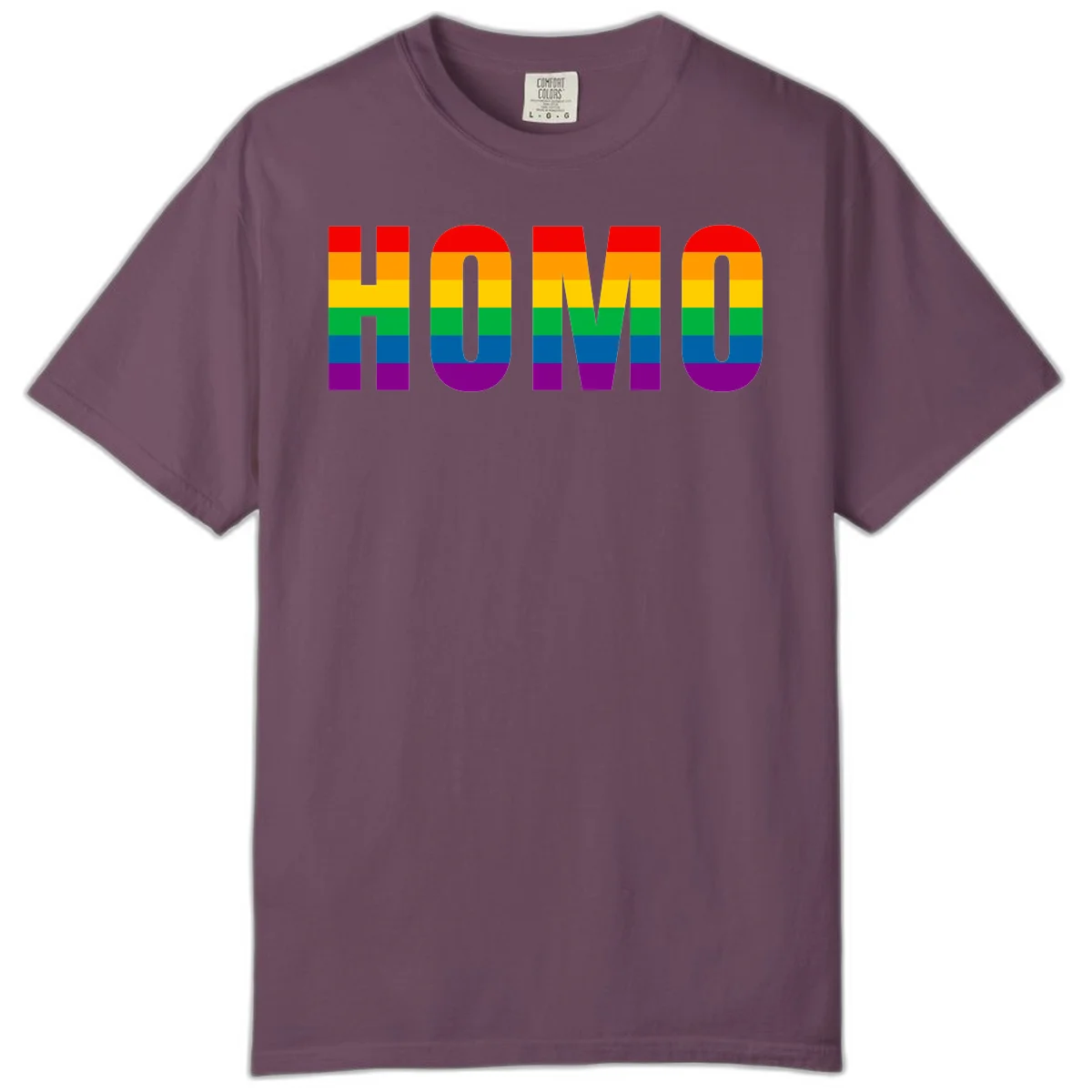 Love is love rainbow pride design with letters filled in rainbow flag stripes against gray background in Berry
