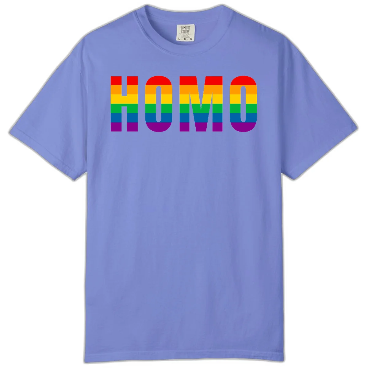 Love is love rainbow pride design with letters filled in rainbow flag stripes against gray background in Flo Blue