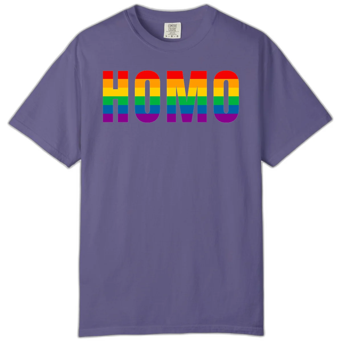 Love is love rainbow pride design with letters filled in rainbow flag stripes against gray background in Grape