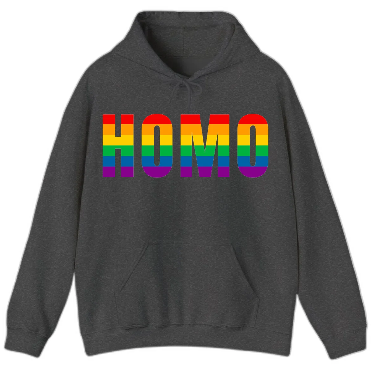 Love is love rainbow pride design with letters filled in rainbow flag stripes against gray background in Dark Heather