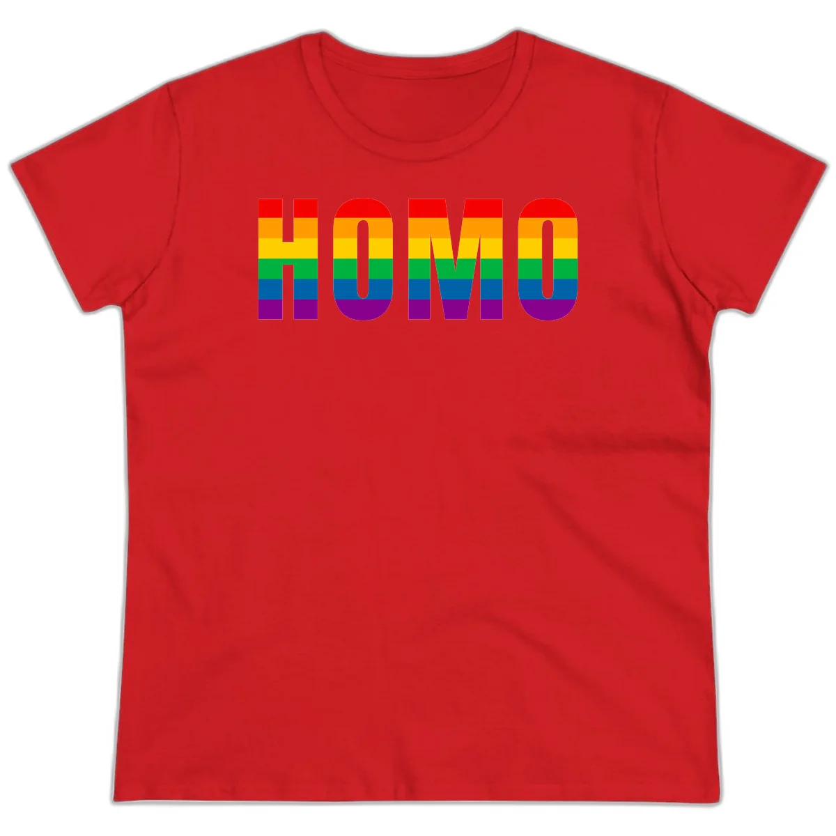 Love is love rainbow pride design with letters filled in rainbow flag stripes against gray background in Red