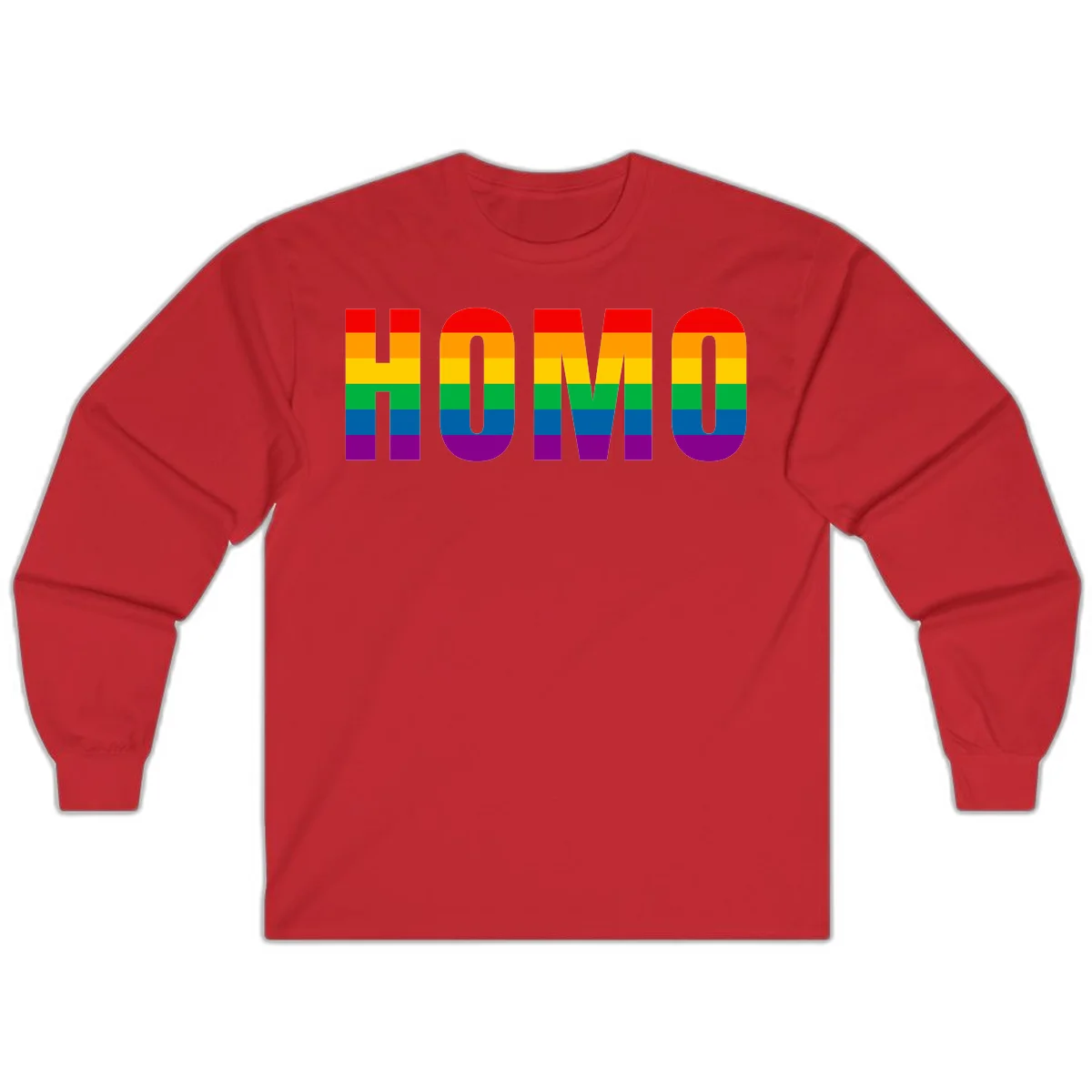 Love is love rainbow pride design with letters filled in rainbow flag stripes against gray background in Red