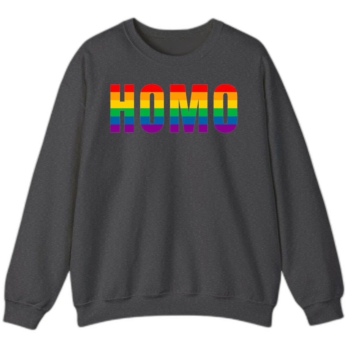Love is love rainbow pride design with letters filled in rainbow flag stripes against gray background in Dark Heather
