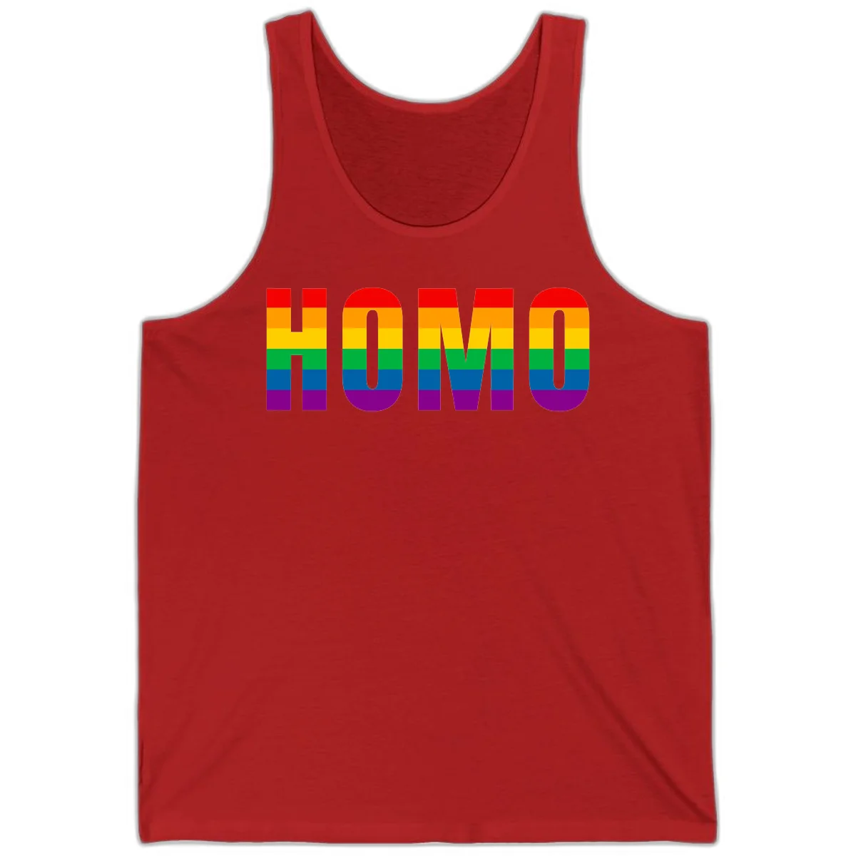 Love is love rainbow pride design with letters filled in rainbow flag stripes against gray background in Red