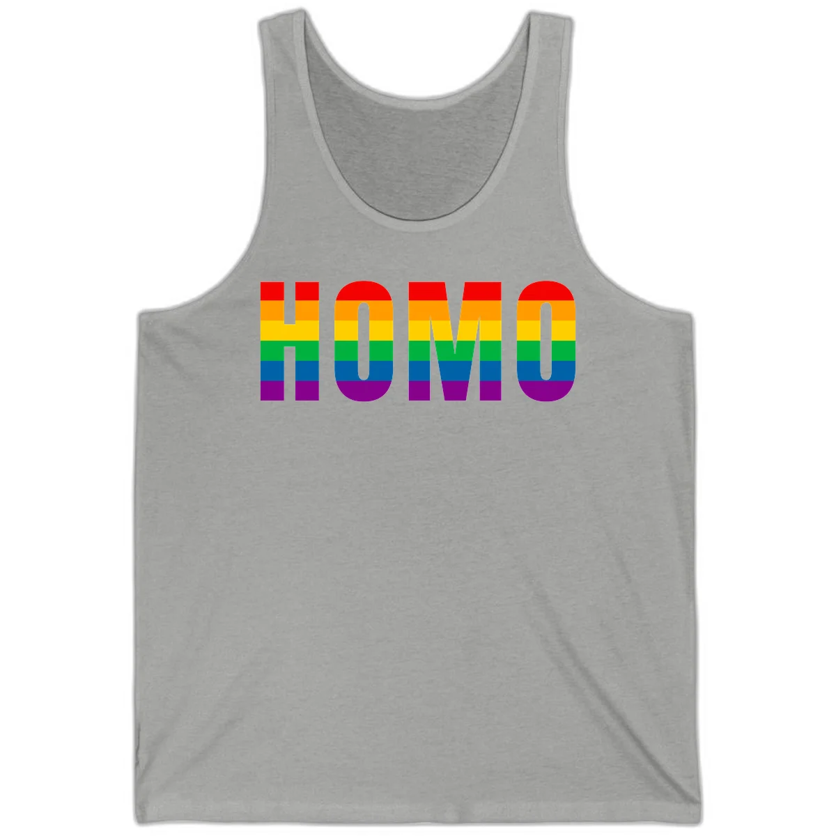 Love is love rainbow pride design with letters filled in rainbow flag stripes against gray background in Athletic Heather