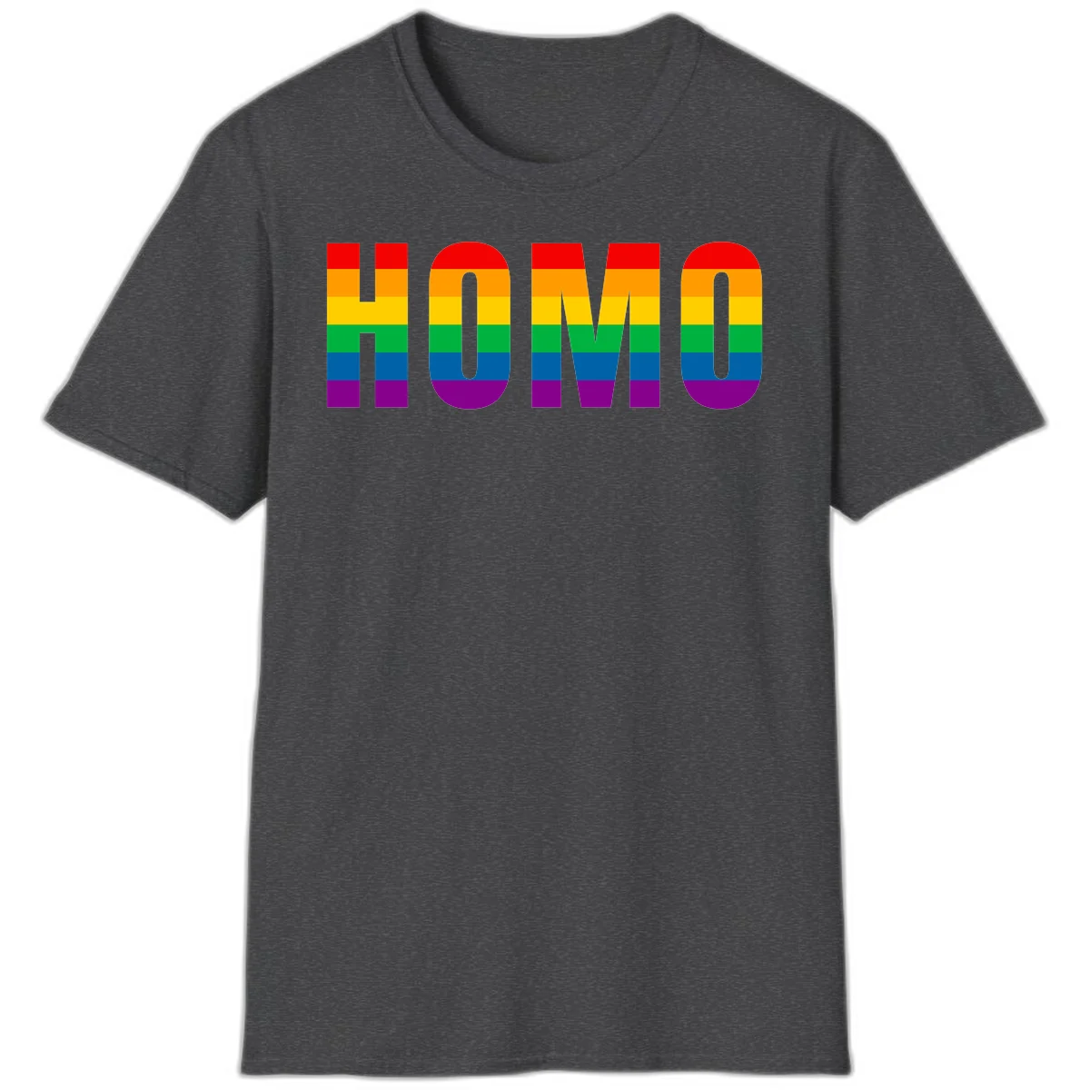 Love is love rainbow pride design with letters filled in rainbow flag stripes against gray background in Dark Heather