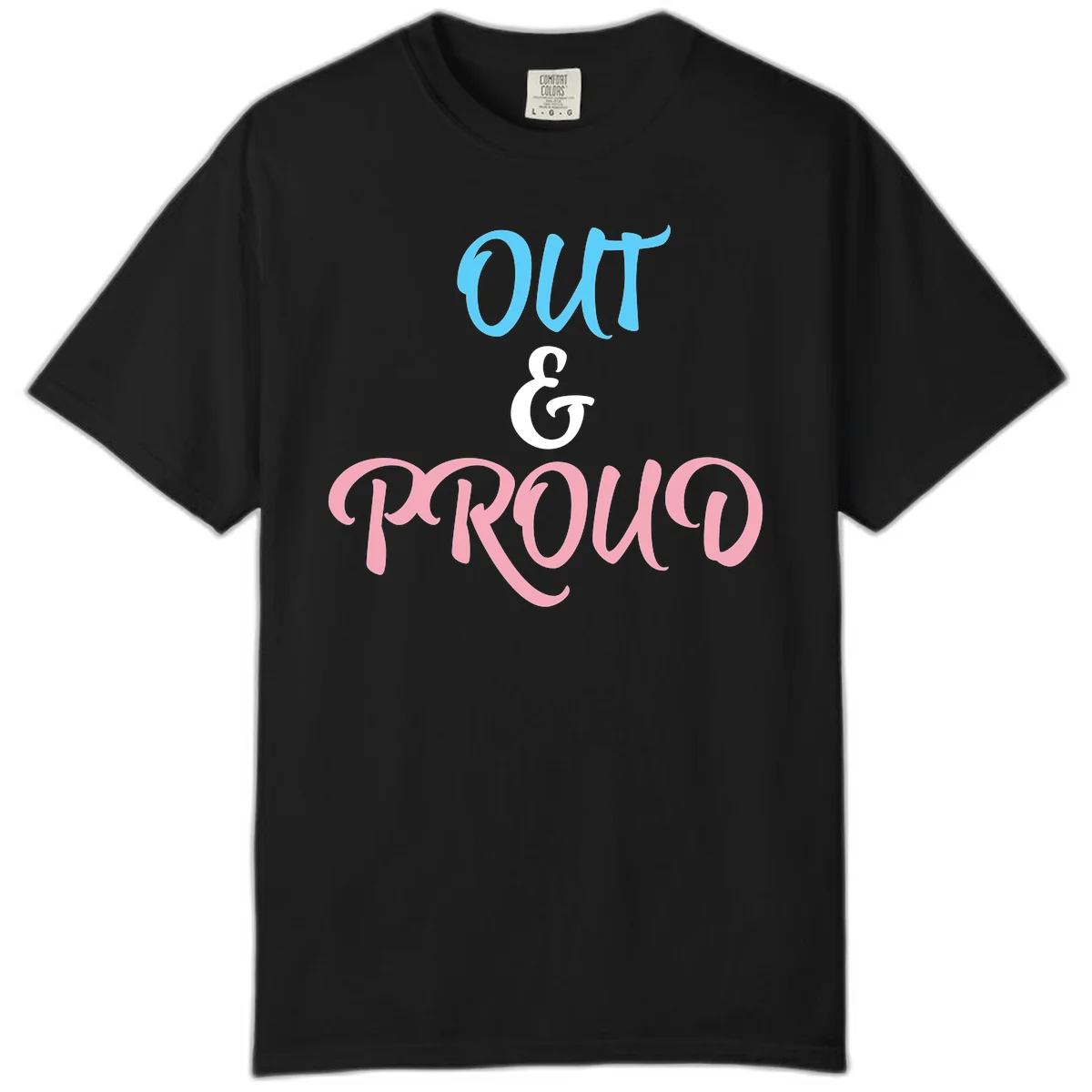 Out and proud pride design with blue 'OUT' text, white ampersand, and pink 'PROUD' lettering on gray background in Black