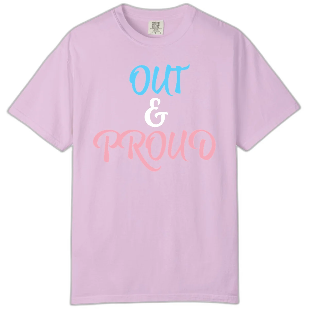 Out and proud pride design with blue 'OUT' text, white ampersand, and pink 'PROUD' lettering on gray background in Orchid