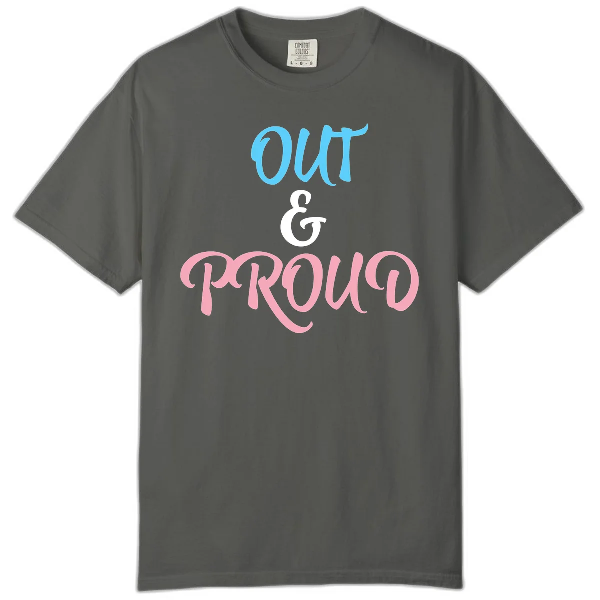 Out and proud pride design with blue 'OUT' text, white ampersand, and pink 'PROUD' lettering on gray background in Pepper