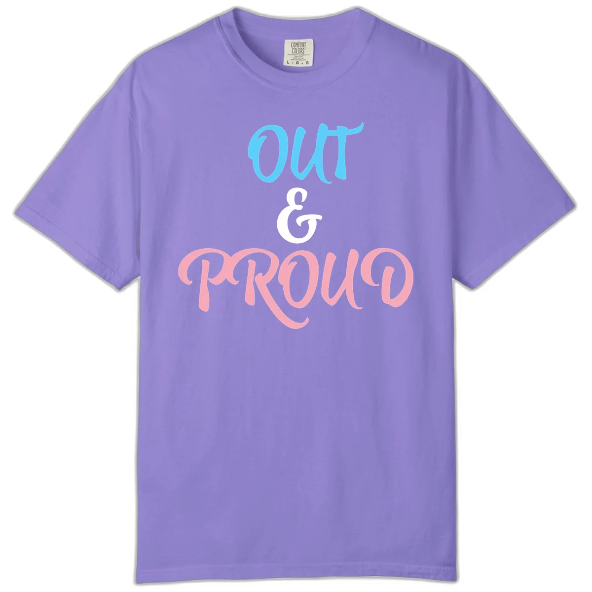 Out and proud pride design with blue 'OUT' text, white ampersand, and pink 'PROUD' lettering on gray background in Violet