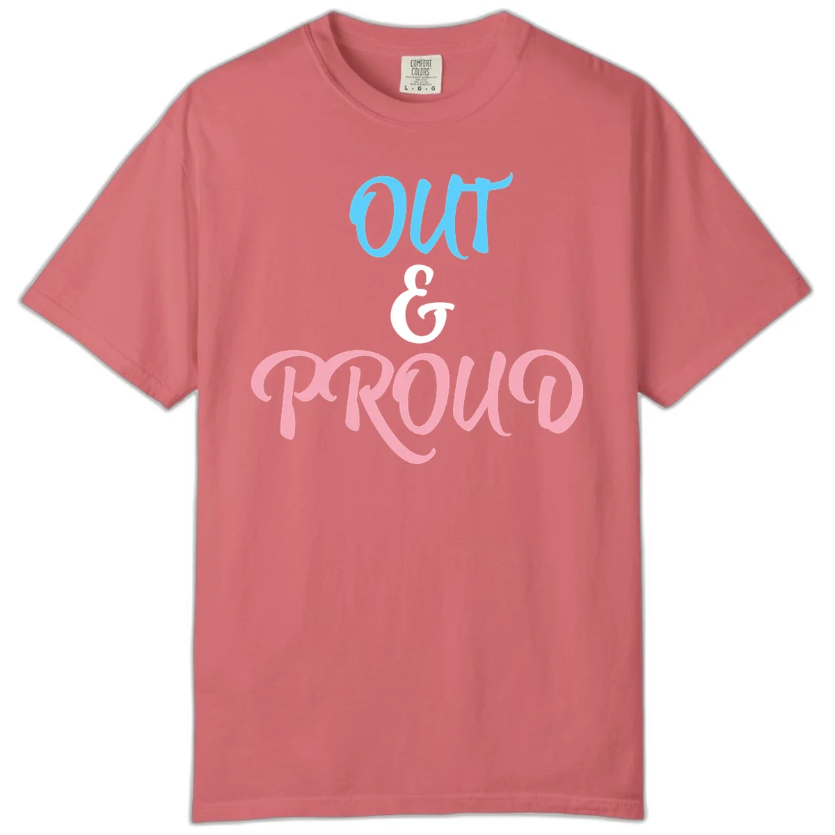 Out and proud pride design with blue 'OUT' text, white ampersand, and pink 'PROUD' lettering on gray background in Watermelon