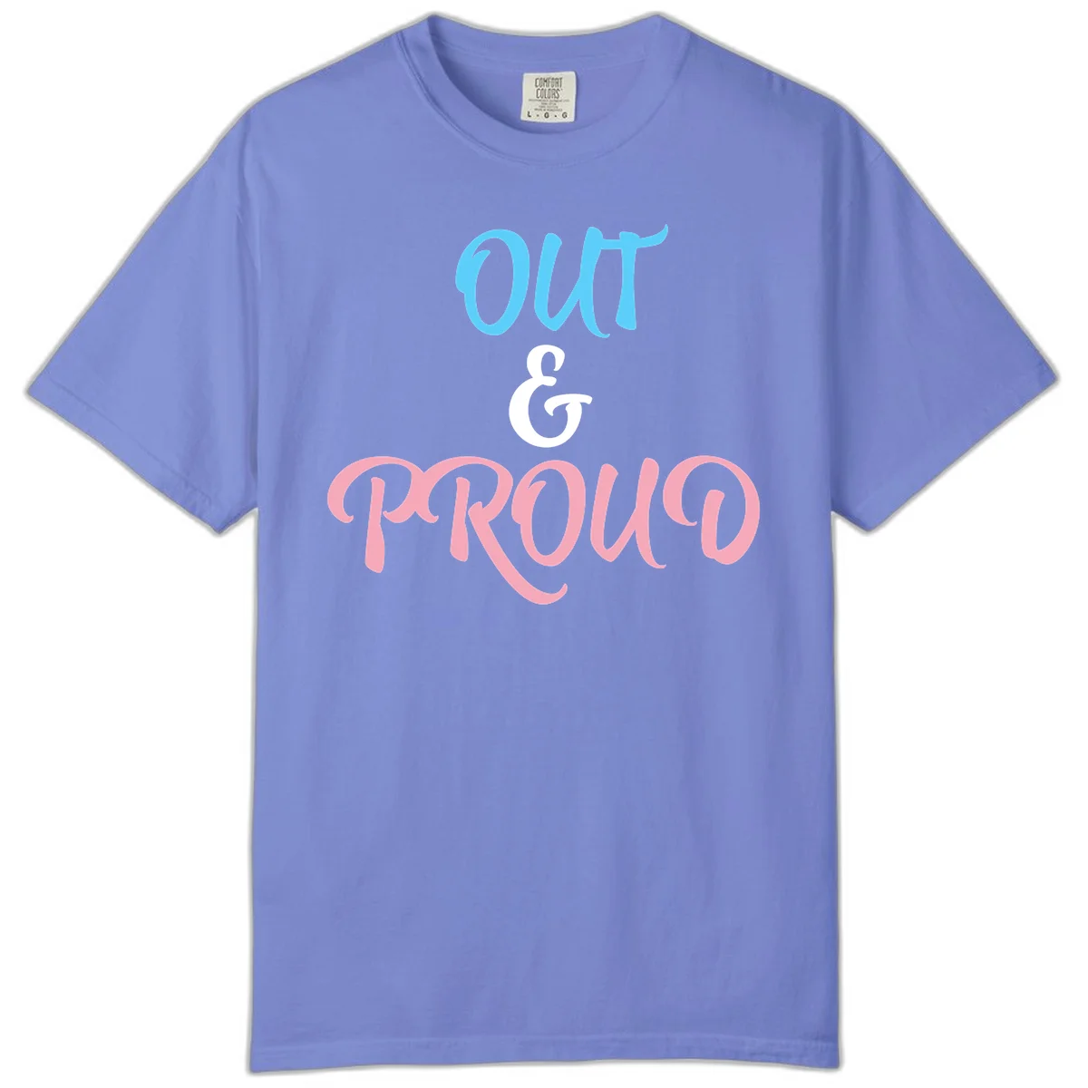 Out and proud pride design with blue 'OUT' text, white ampersand, and pink 'PROUD' lettering on gray background in Flo Blue