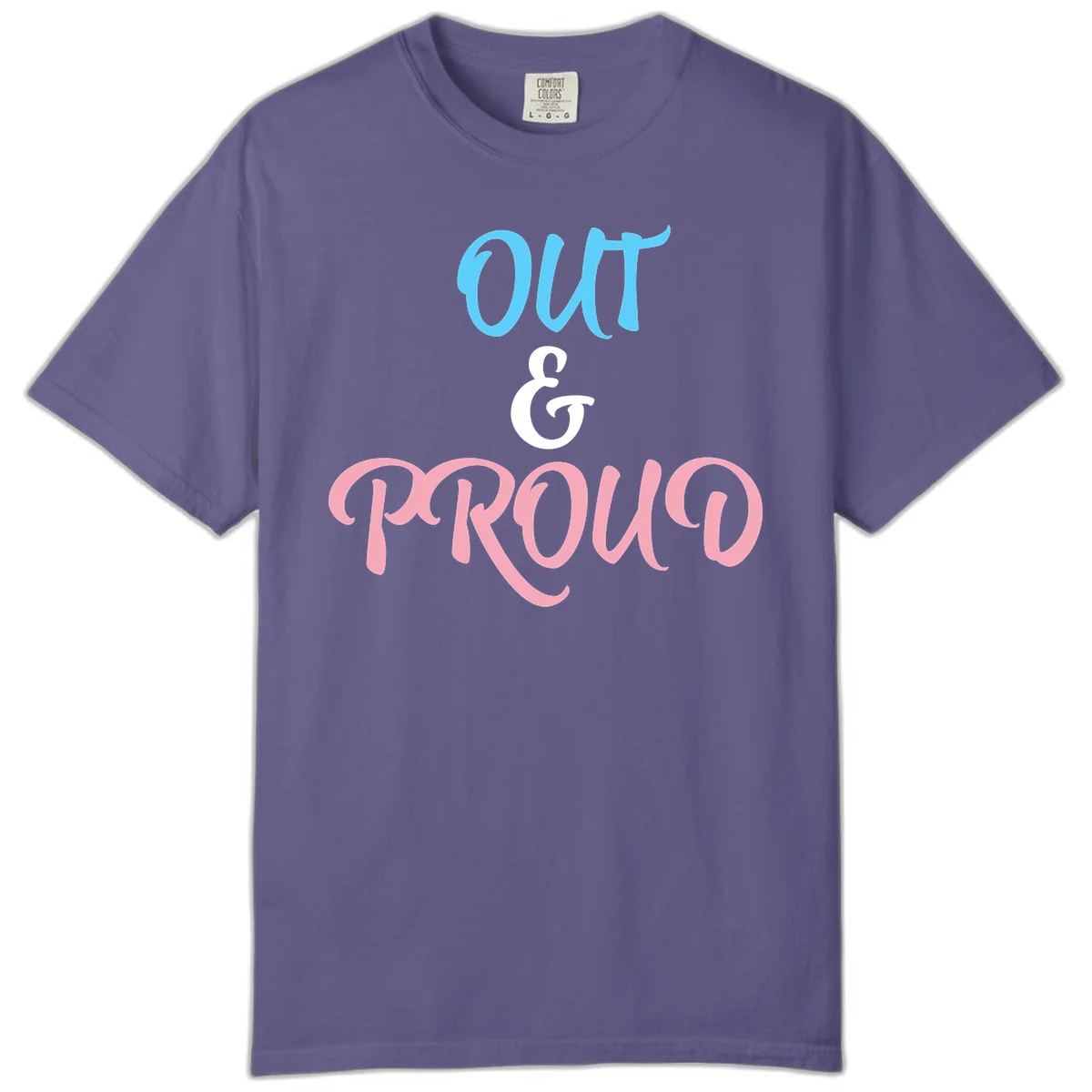 Out and proud pride design with blue 'OUT' text, white ampersand, and pink 'PROUD' lettering on gray background in Grape