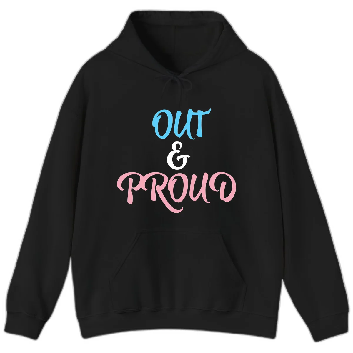 Out and proud pride design with blue 'OUT' text, white ampersand, and pink 'PROUD' lettering on gray background in Black
