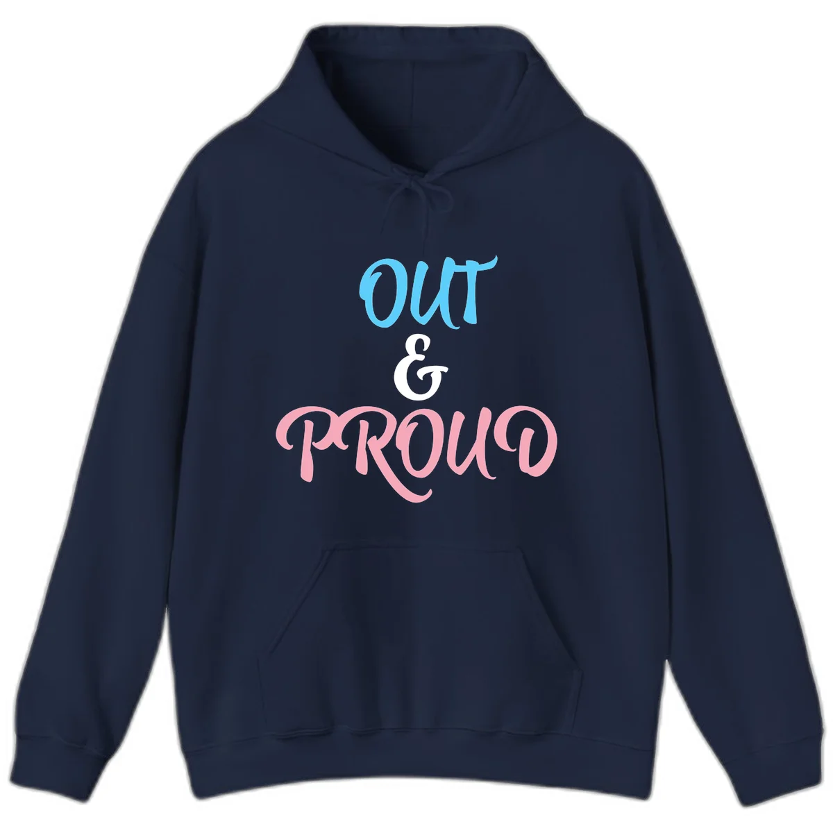 Out and proud pride design with blue 'OUT' text, white ampersand, and pink 'PROUD' lettering on gray background in Navy
