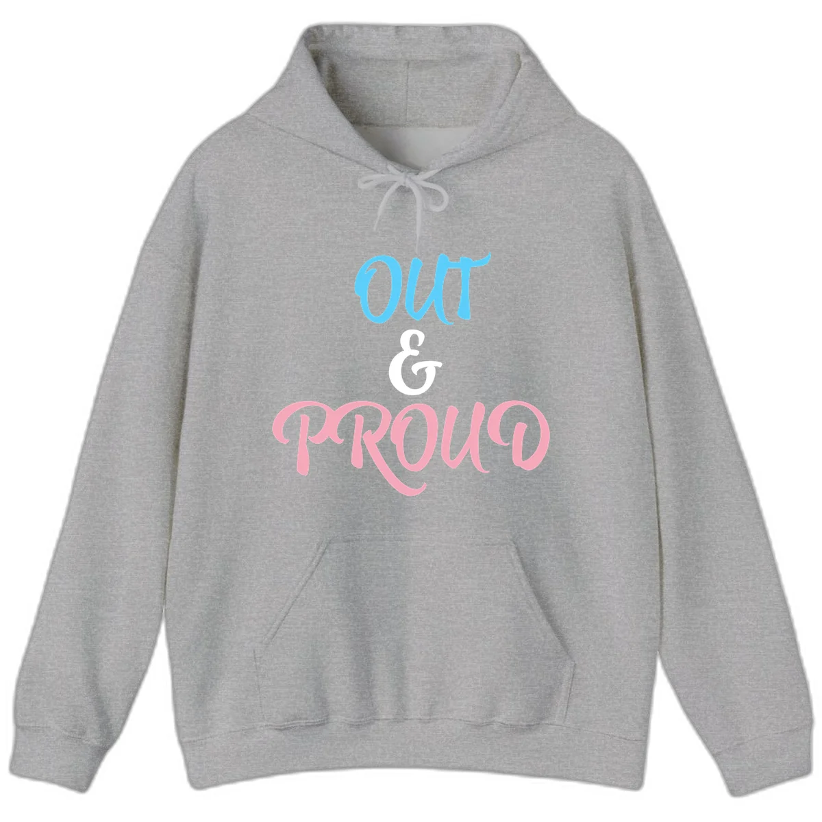 Out and proud pride design with blue 'OUT' text, white ampersand, and pink 'PROUD' lettering on gray background in Sport Grey