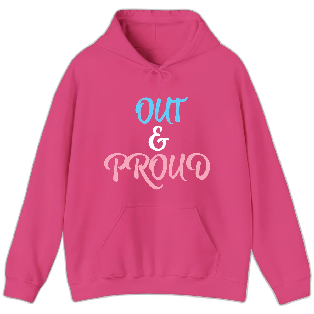 Out and proud pride design with blue 'OUT' text, white ampersand, and pink 'PROUD' lettering on gray background in Heliconia