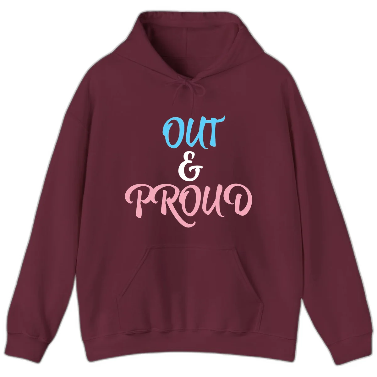Out and proud pride design with blue 'OUT' text, white ampersand, and pink 'PROUD' lettering on gray background in Maroon