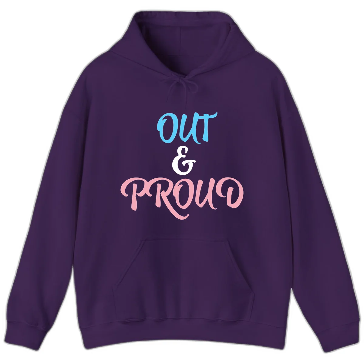 Out and proud pride design with blue 'OUT' text, white ampersand, and pink 'PROUD' lettering on gray background in Purple