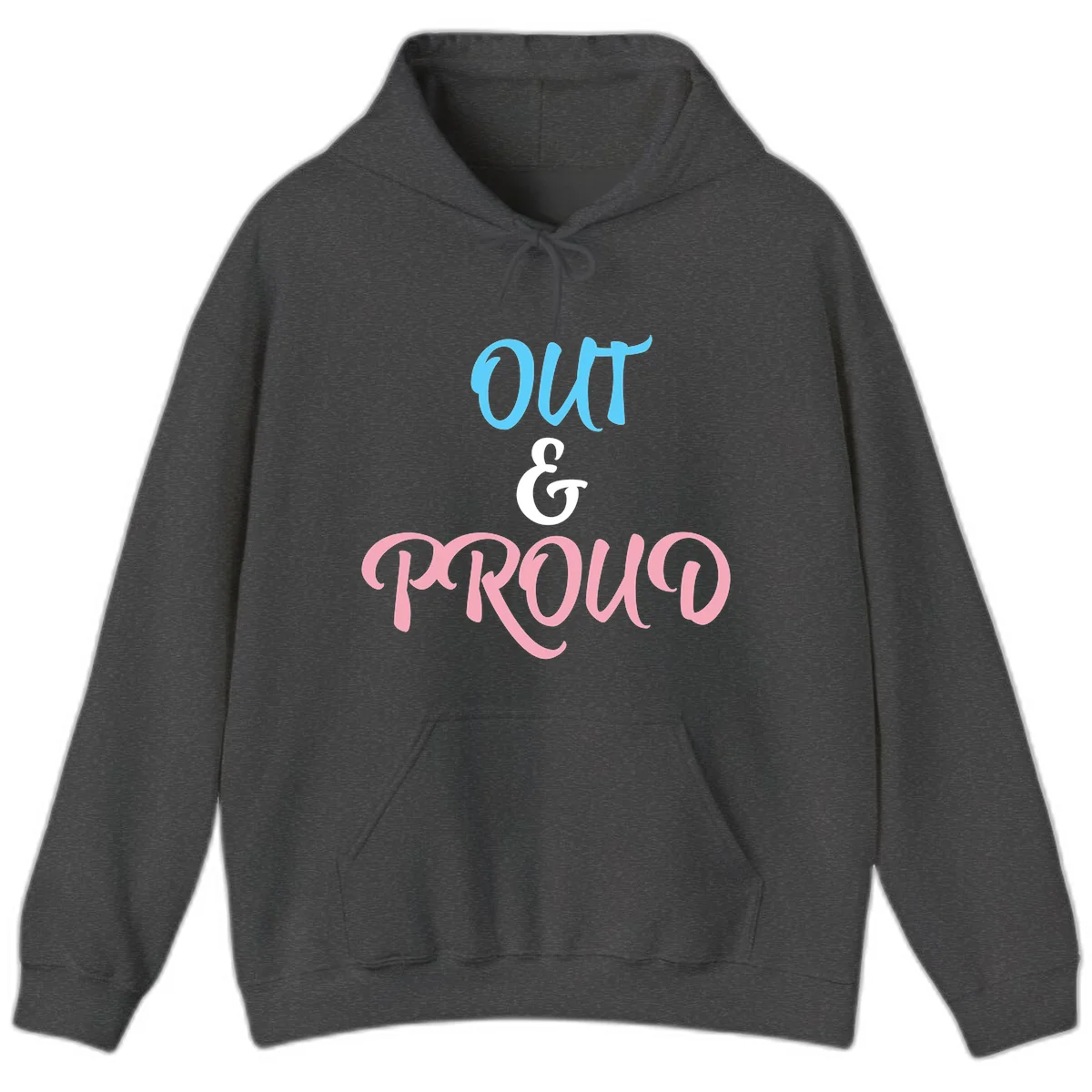Out and proud pride design with blue 'OUT' text, white ampersand, and pink 'PROUD' lettering on gray background in Dark Heather