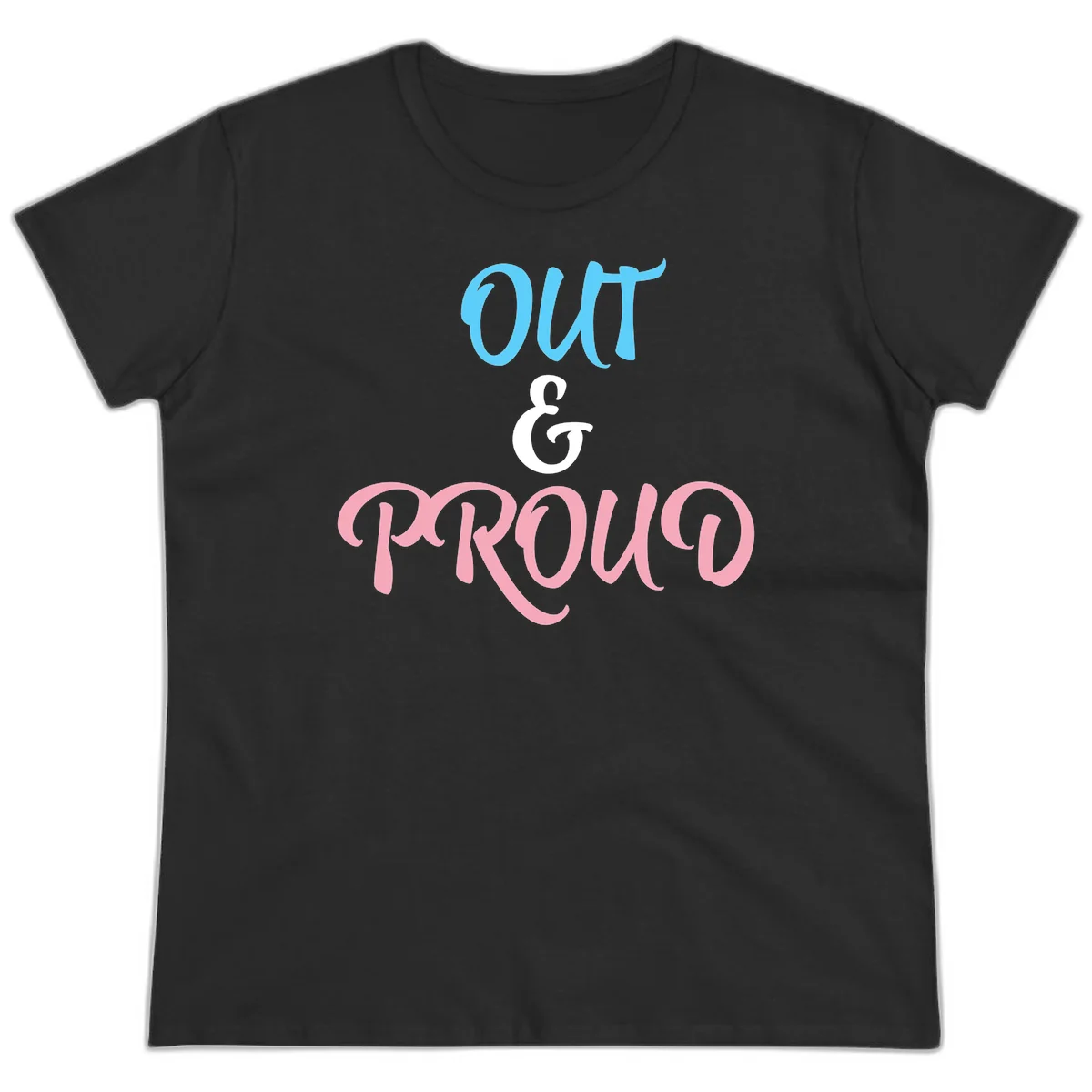 Out and proud pride design with blue 'OUT' text, white ampersand, and pink 'PROUD' lettering on gray background in Black