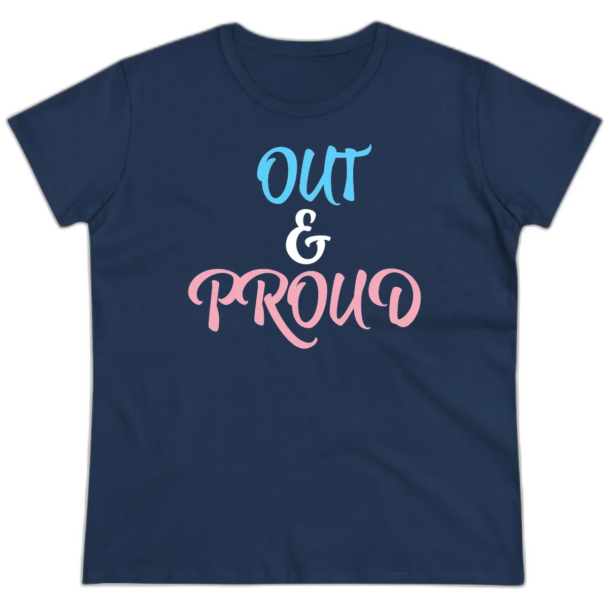 Out and proud pride design with blue 'OUT' text, white ampersand, and pink 'PROUD' lettering on gray background in Navy