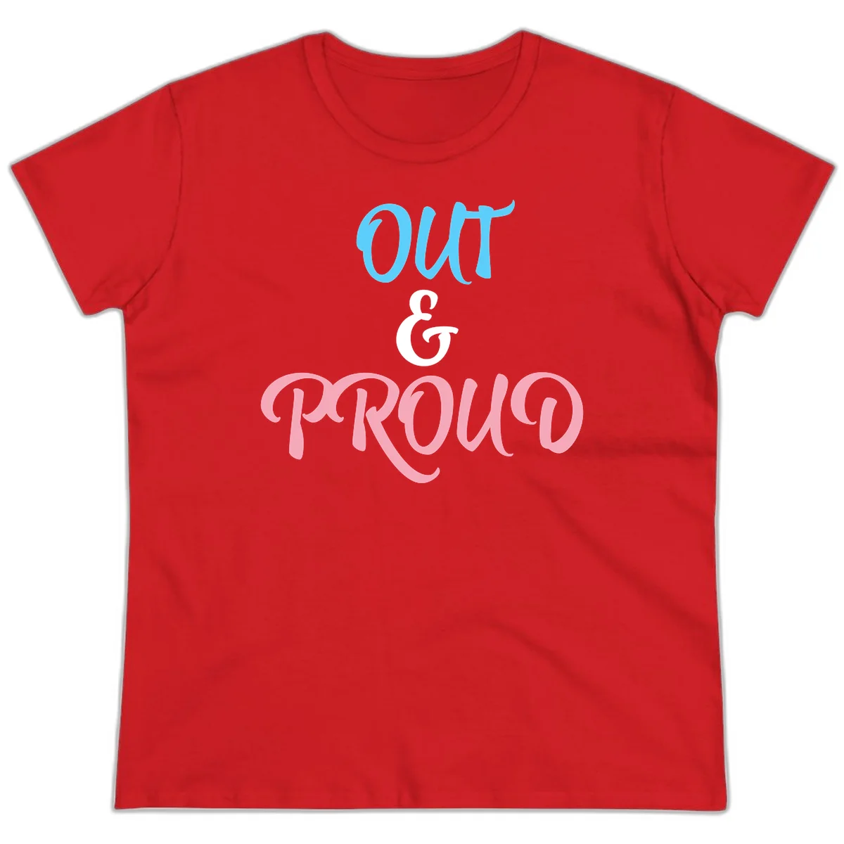 Out and proud pride design with blue 'OUT' text, white ampersand, and pink 'PROUD' lettering on gray background in Red