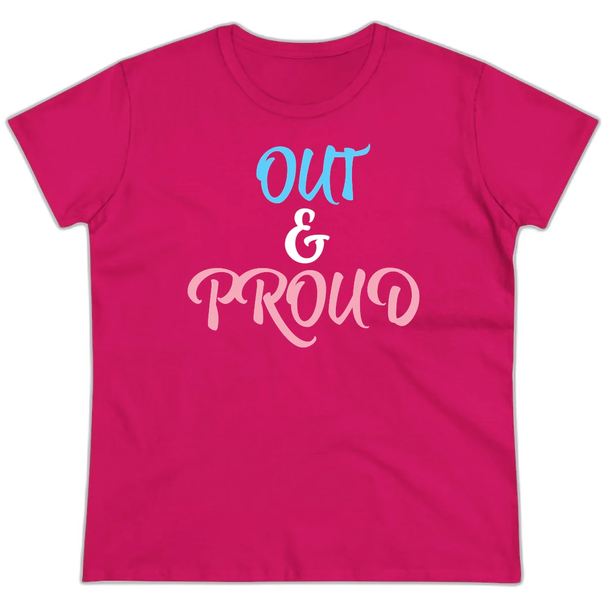 Out and proud pride design with blue 'OUT' text, white ampersand, and pink 'PROUD' lettering on gray background in Heliconia