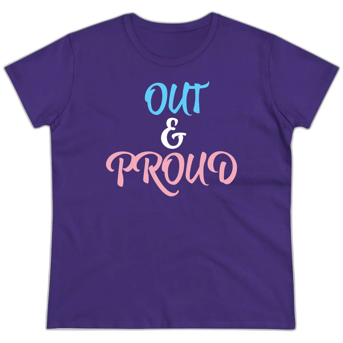 Out and proud pride design with blue 'OUT' text, white ampersand, and pink 'PROUD' lettering on gray background in Purple