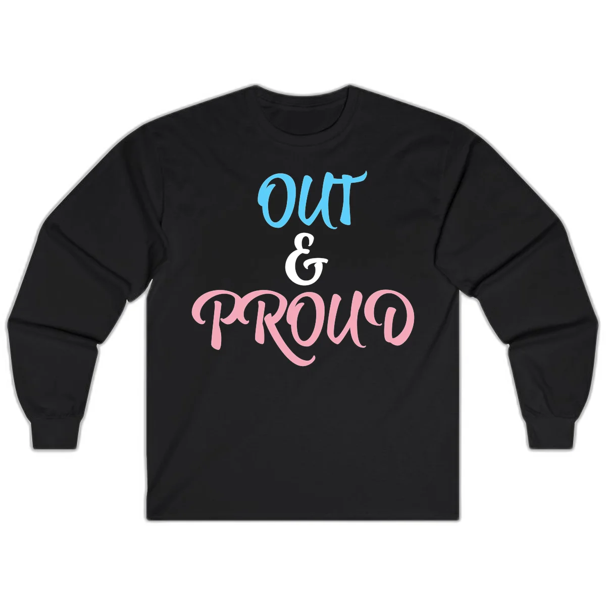 Out and proud pride design with blue 'OUT' text, white ampersand, and pink 'PROUD' lettering on gray background in Black