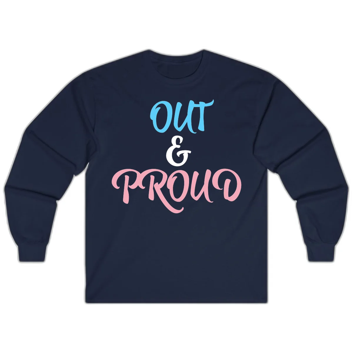 Out and proud pride design with blue 'OUT' text, white ampersand, and pink 'PROUD' lettering on gray background in Navy