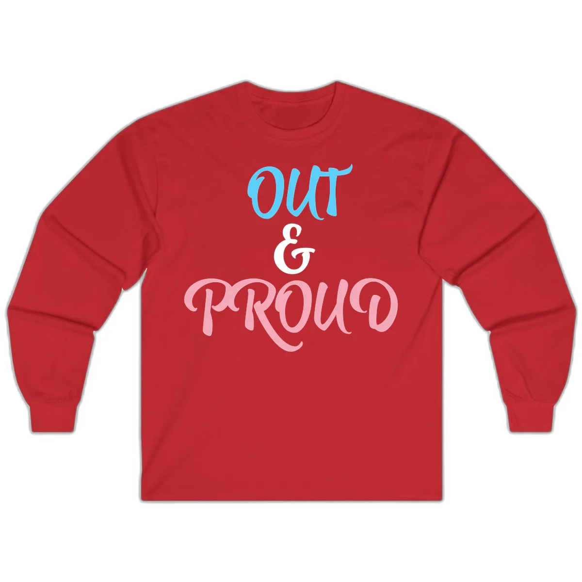 Out and proud pride design with blue 'OUT' text, white ampersand, and pink 'PROUD' lettering on gray background in Red