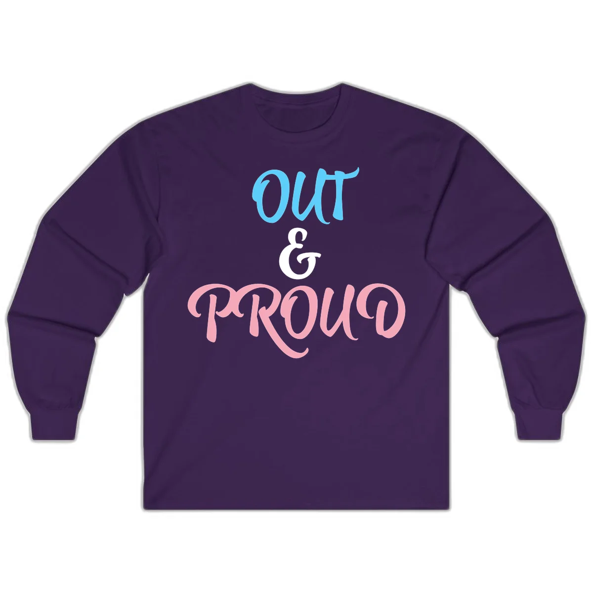 Out and proud pride design with blue 'OUT' text, white ampersand, and pink 'PROUD' lettering on gray background in Purple
