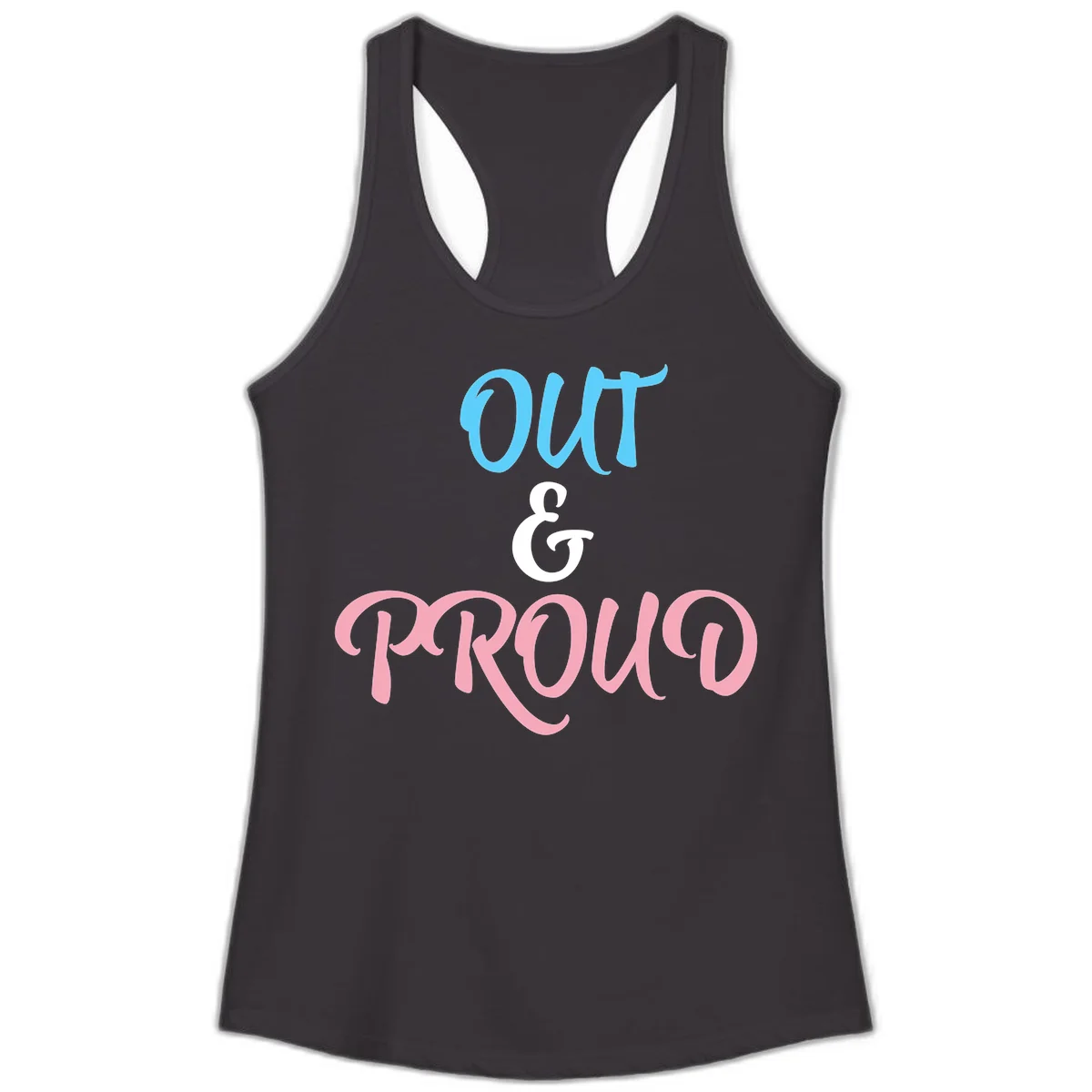 Out and proud pride design with blue 'OUT' text, white ampersand, and pink 'PROUD' lettering on gray background in Black