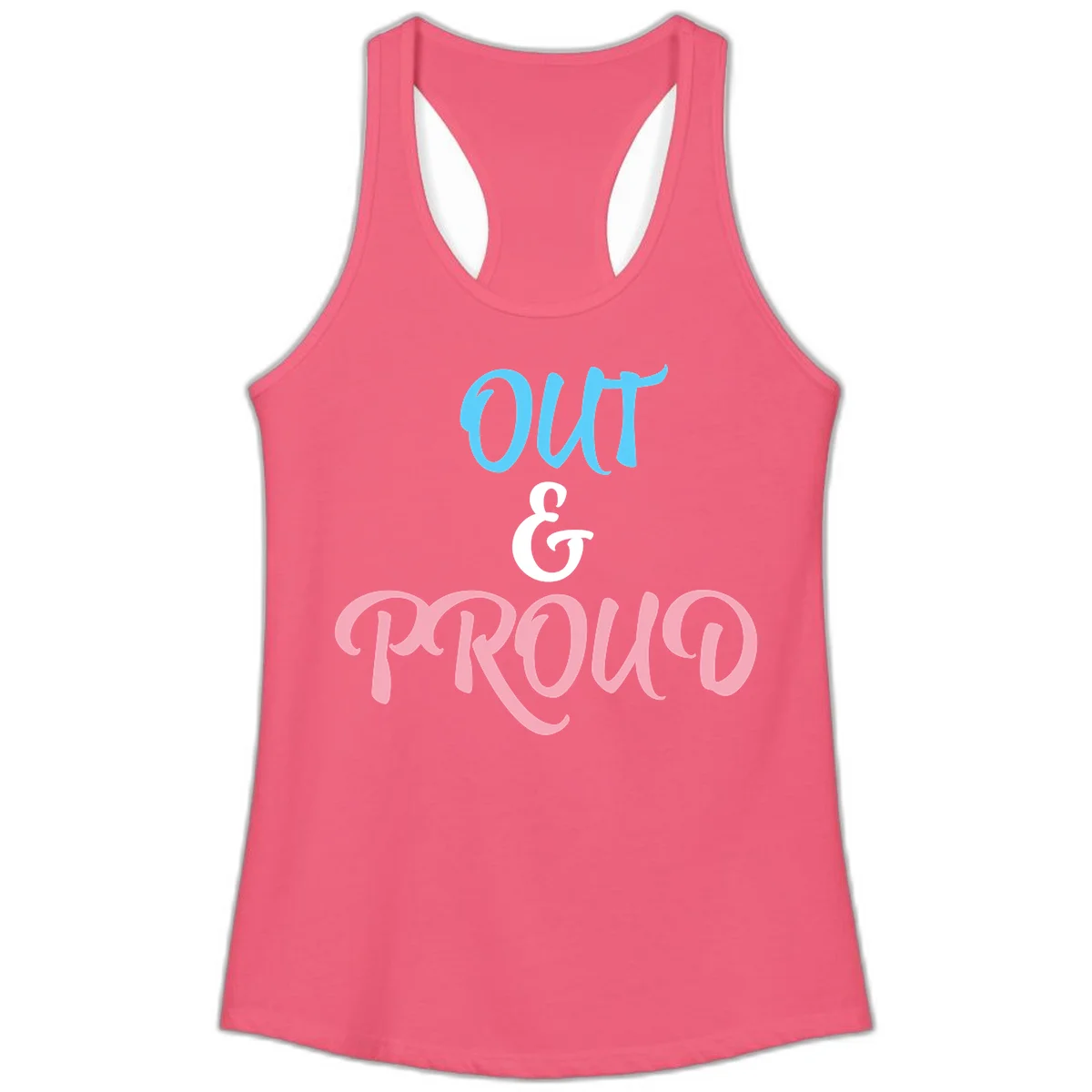 Out and proud pride design with blue 'OUT' text, white ampersand, and pink 'PROUD' lettering on gray background in Hot Pink