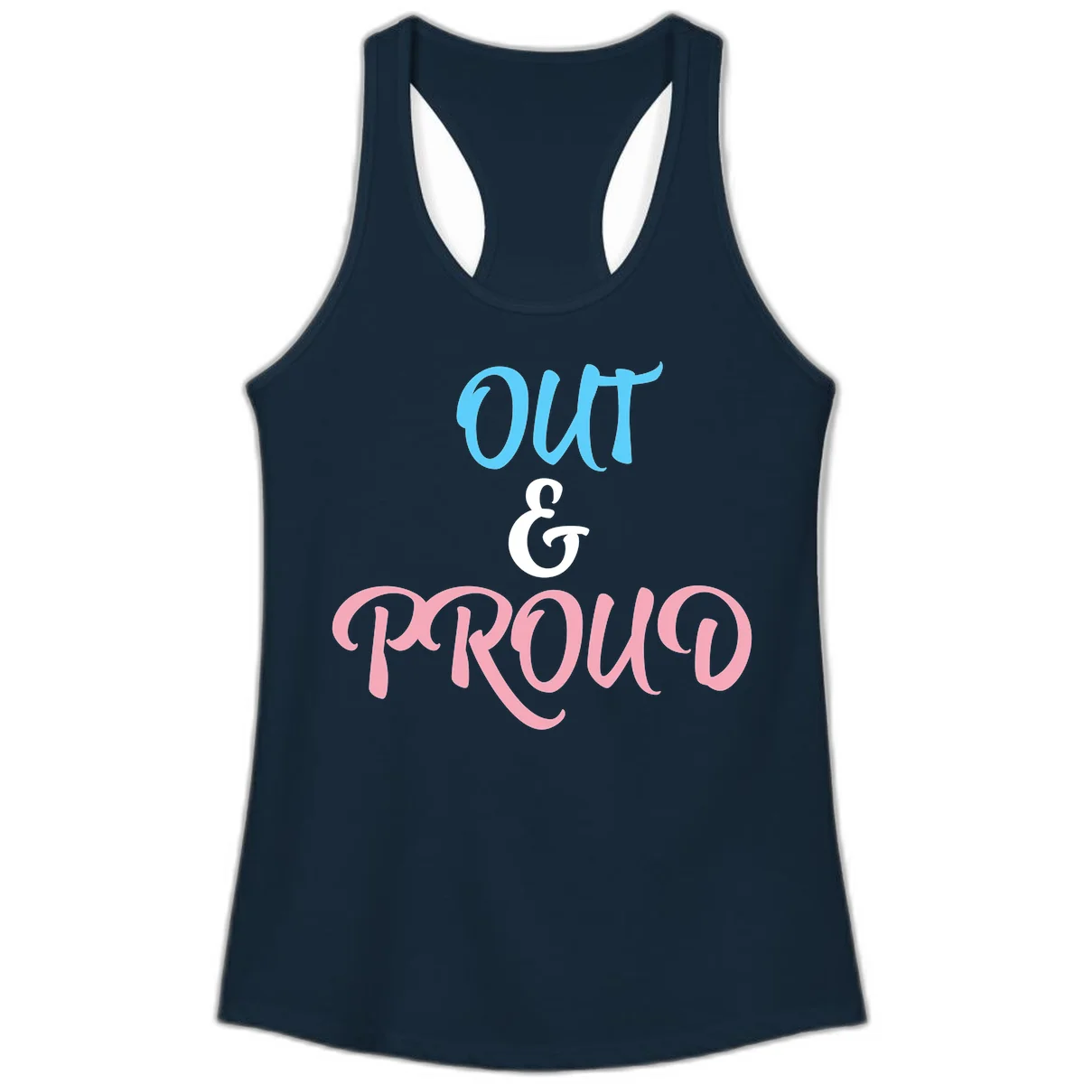Out and proud pride design with blue 'OUT' text, white ampersand, and pink 'PROUD' lettering on gray background in Solid Midnight Navy