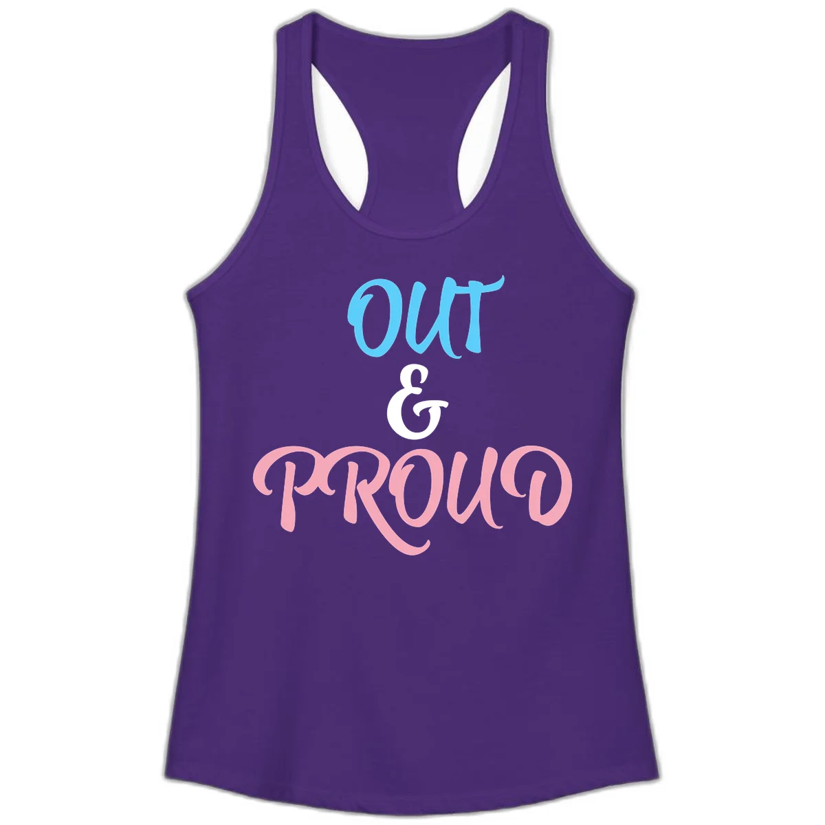Out and proud pride design with blue 'OUT' text, white ampersand, and pink 'PROUD' lettering on gray background in Solid Purple Rush