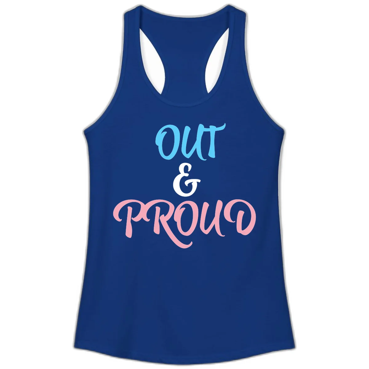 Out and proud pride design with blue 'OUT' text, white ampersand, and pink 'PROUD' lettering on gray background in Solid Royal