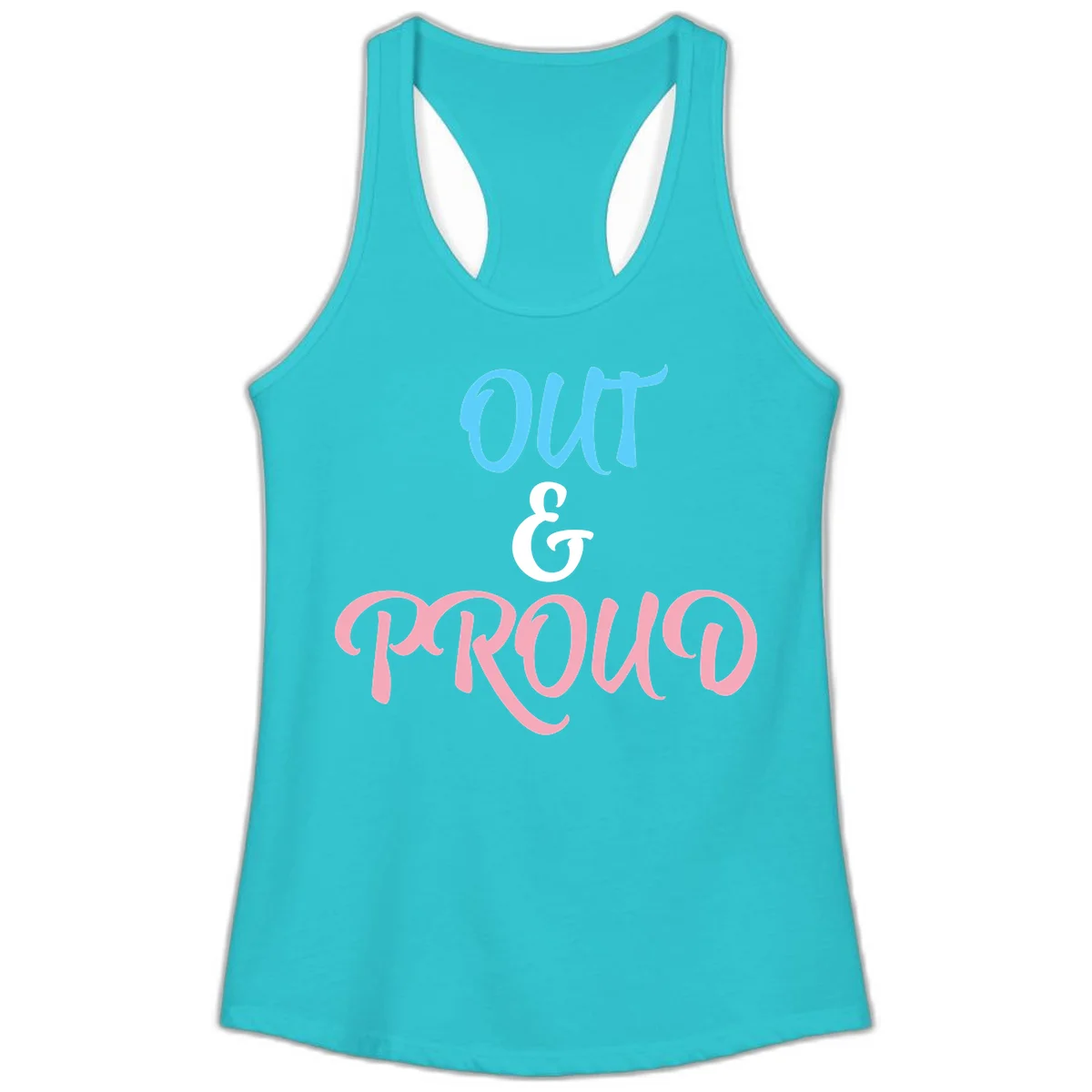 Out and proud pride design with blue 'OUT' text, white ampersand, and pink 'PROUD' lettering on gray background in Solid Tahiti Blue