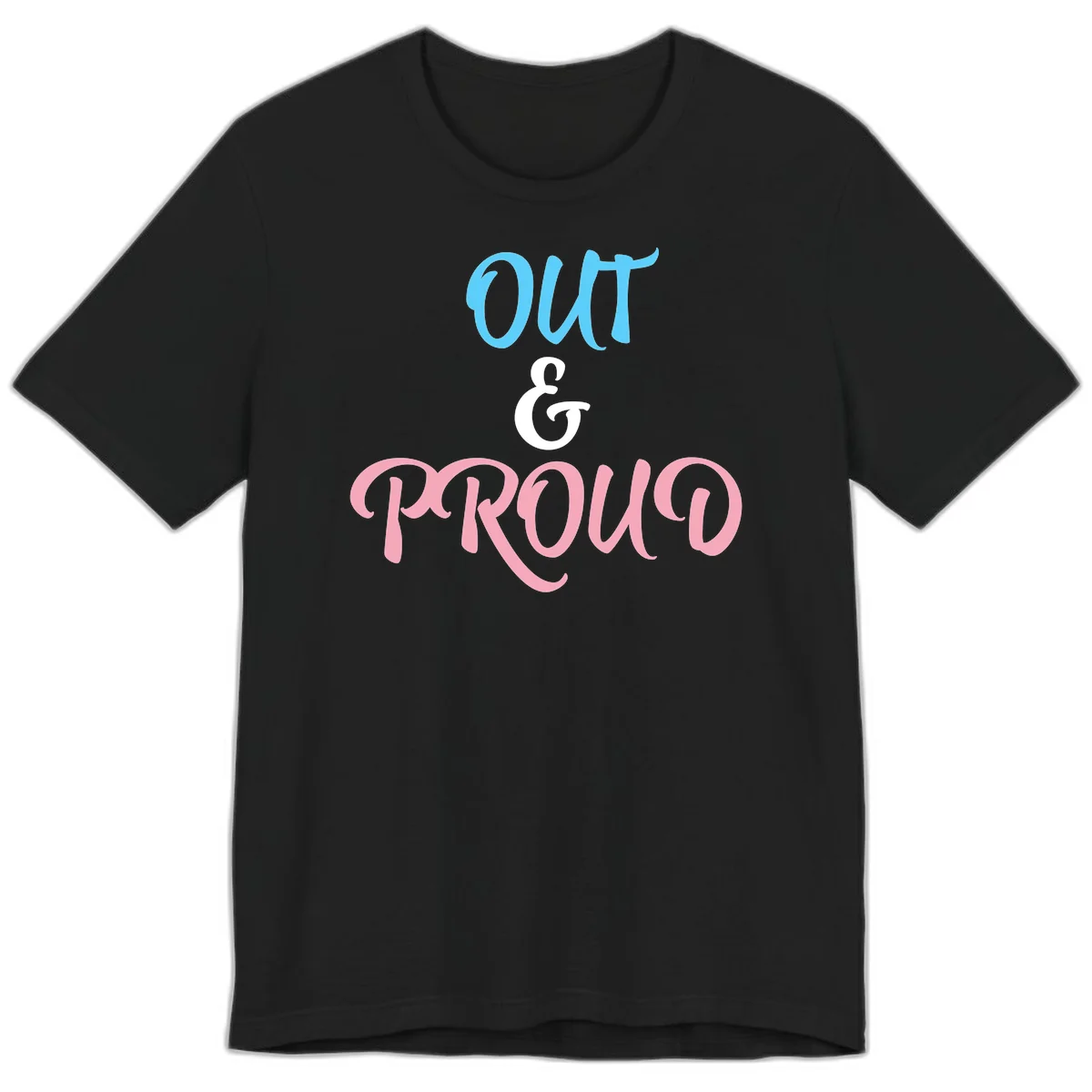 Out and proud pride design with blue 'OUT' text, white ampersand, and pink 'PROUD' lettering on gray background in Black