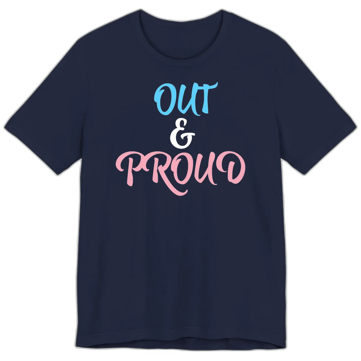 Out and proud pride design with blue 'OUT' text, white ampersand, and pink 'PROUD' lettering on gray background in Navy