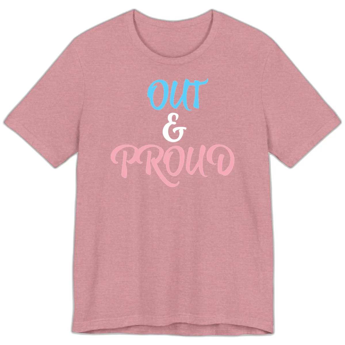 Out and proud pride design with blue 'OUT' text, white ampersand, and pink 'PROUD' lettering on gray background in Heather Orchid