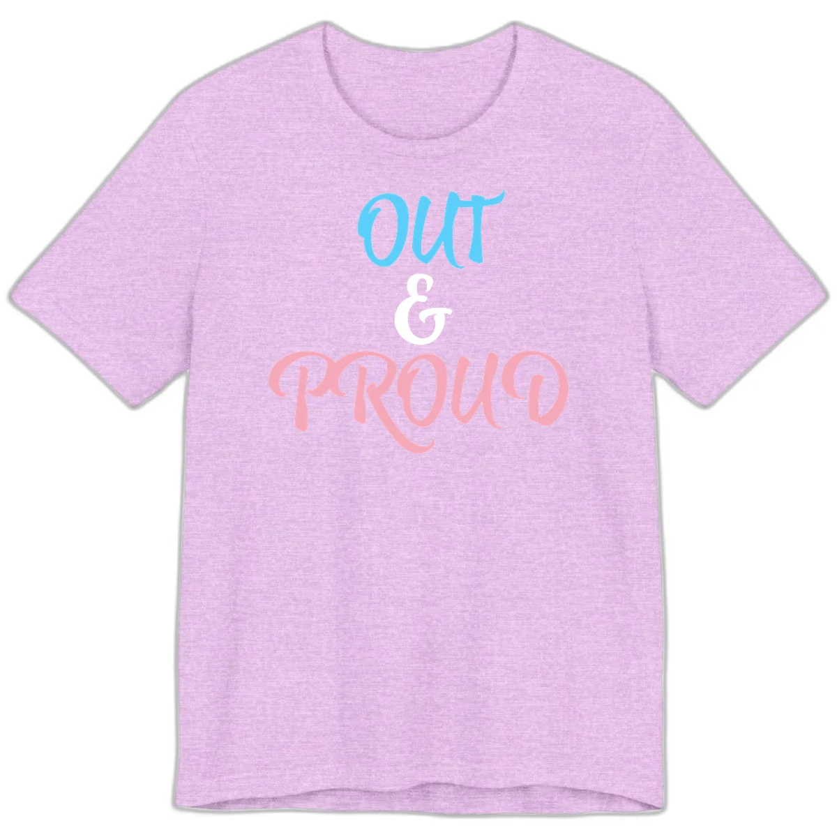 Out and proud pride design with blue 'OUT' text, white ampersand, and pink 'PROUD' lettering on gray background in Heather Prism Lilac